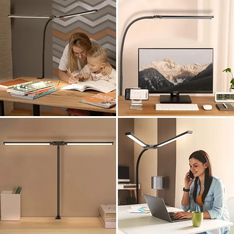 Lampe de bureau LED à Double tête, variable en continu, pour bureau, moniteur PC, lampe de Table à Clip, lampes de lecture pour chambre à coucher, Protection des yeux
