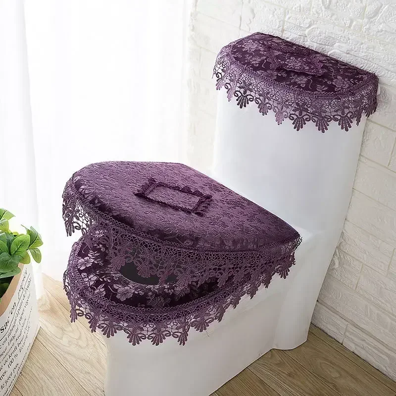 2027 Printed Lace Plush Toilet Seat Cushion Three Piece Set European Jacquard Toilet Seat Cover with Zipper Dustproof Toilet Cov