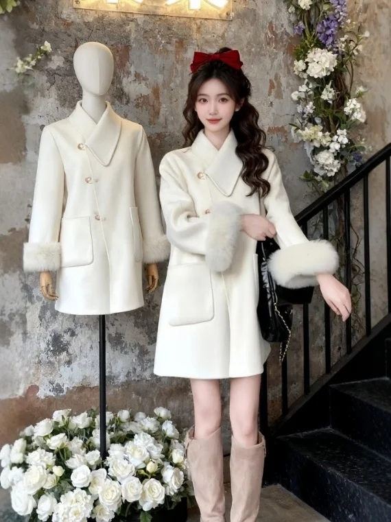 

Unique Soft Sle Long Loose Woolen Coat Ele Casual Winter Outerwear for Women Comfortable Warm Faionable Mid-Length