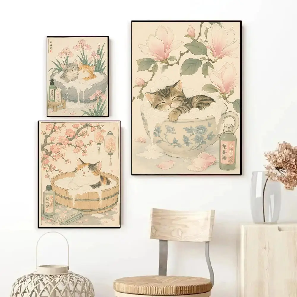 Japanese bath cat floral ukiyo-e collage Poster Art HD Advanced Aesthetic Printing Paper Wall Art for Living Room Home Decor