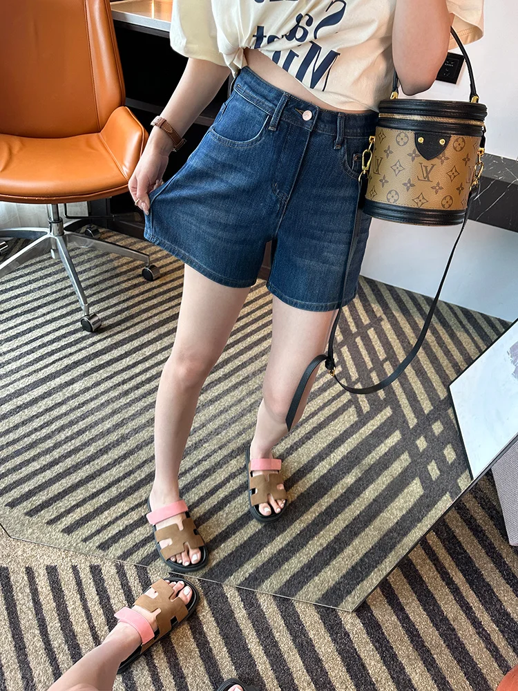 Hohe Taille, weites Bein, Denim, Damen, Sommer, Übergröße, schlankmachend, klein, A-Linie, elastisch, schlankmachend, Hotpants, Stickerei