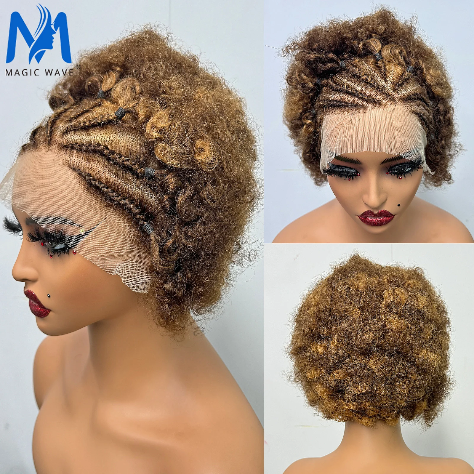 Afro Perucas de Cabelo Humano com Tranças para Mulheres Negras, Bouncy Peruca Encaracolada, 13x4 Lace Frontal, 100% Cabelo Remy Brasileiro, 6 