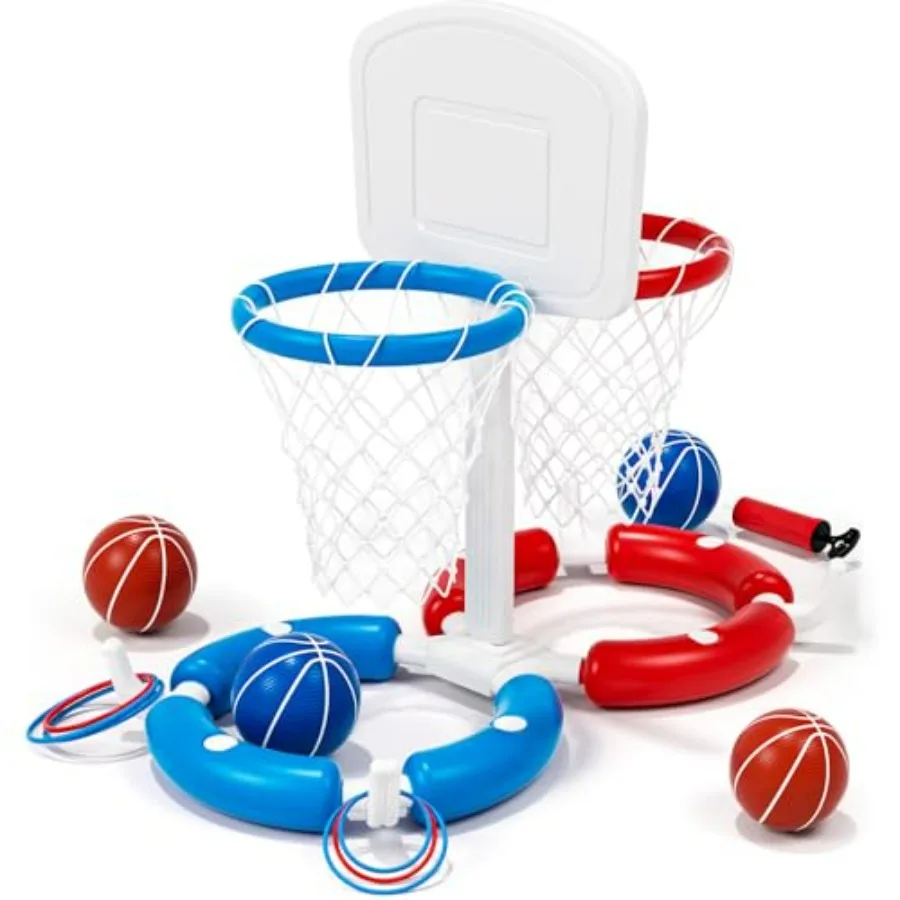 

Outdoor swimming pool basketball hoop with plastic backboard and ring toss game, blue and yellow, 2-in-1 floating toy with 4 ba