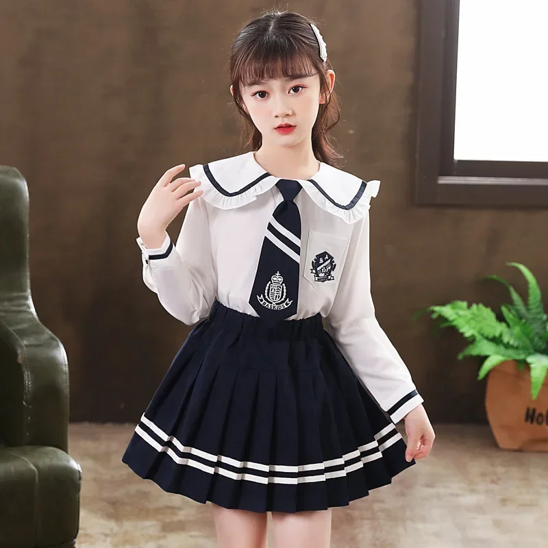 Teen Girls clothes Set 2023 autumn white Shirt Pleated Skirt 2Pcs Uniform Kid Clothes Casual Children Outfits Costumes