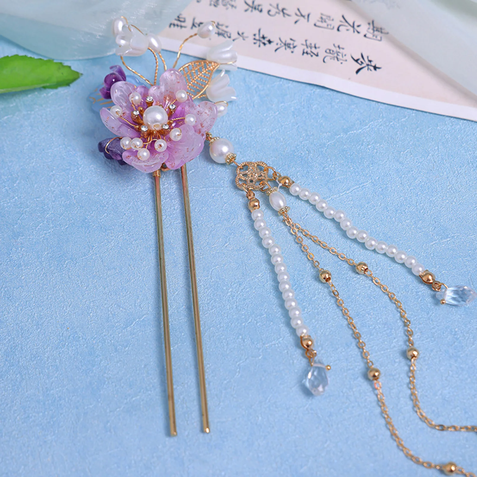 Alloy U Shape Hair Stick With Mauve Flower Tassel Dangle Elegant Neo Chinese Hairpin For Cheongsam Hanfu Women Girls