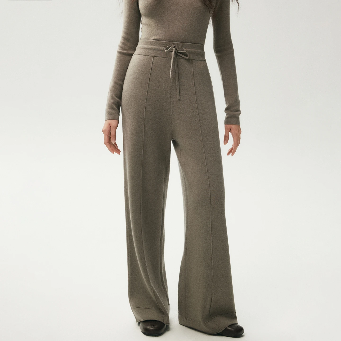 ADDONEE Autumn Winter Women 100% Worsted Wool Pants High Waist Wide Leg Pants Casual Basic Wool Knitwear Trousers