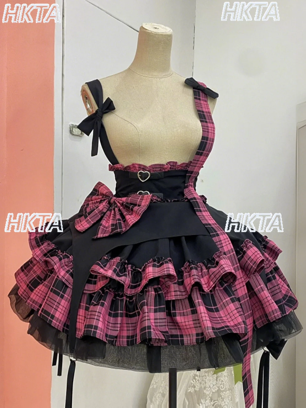 

Dark Punk Style Cake High Waist Slim Bow Lolita Skirts Everyday Subculture Goth Pink Black Plaid Puffy Short Strap Skirts Women