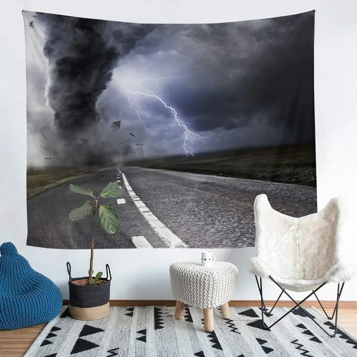 Tornado Theme Wall Blanket Tornado and Lightning Nature Black Gray Tapestry Wall Hanging Decor for Bedroom Living Room Dorm
