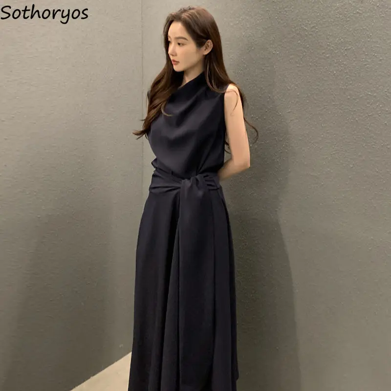 

Women Dress French Elegant Pile Collar Bandage Tender Defined Waist Vestidos Midi Pure Simple Office Lady Trendy Summer Clothes