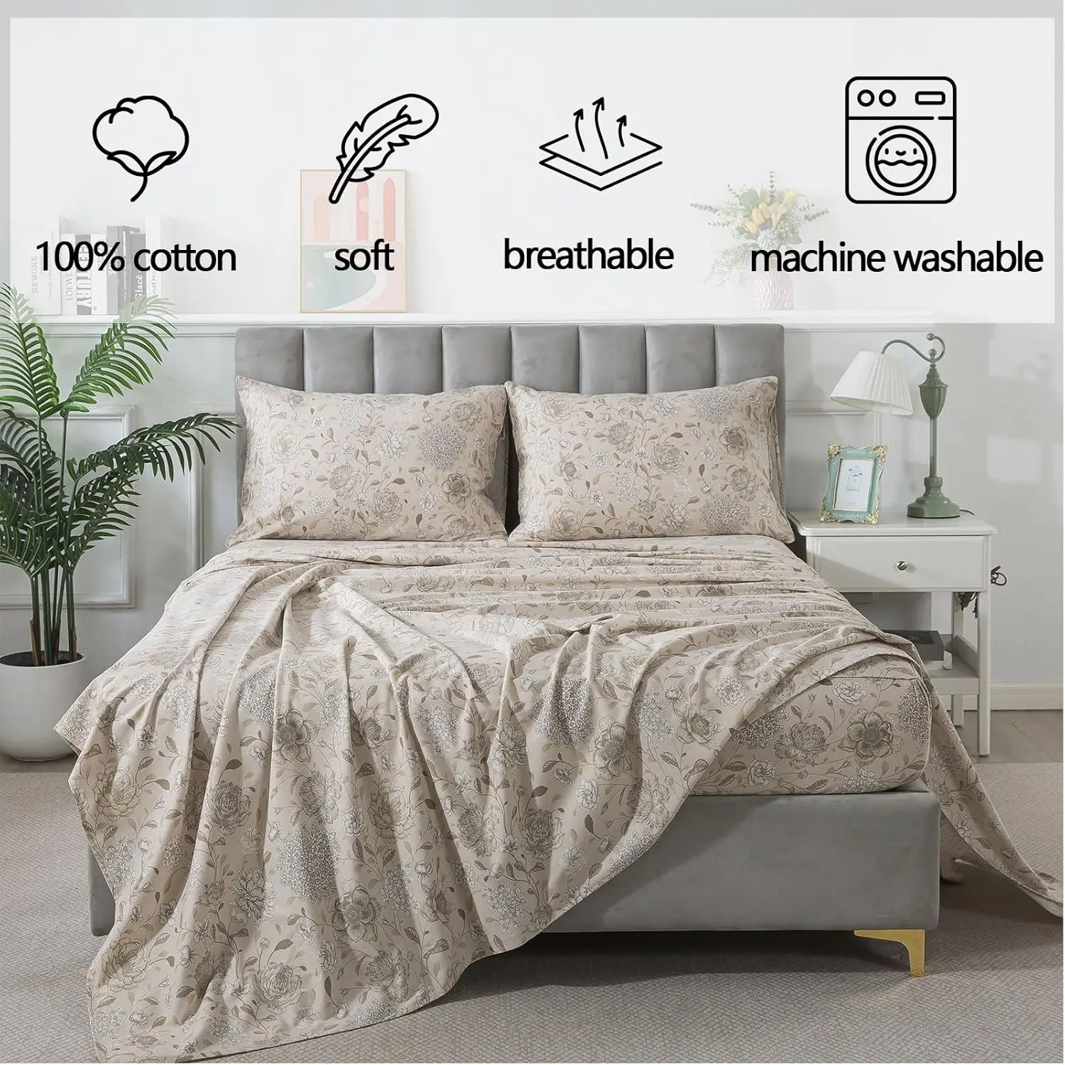 King Size 4-Piece Vintage Floral Bedding Set – Light Khaki, 100% Brushed Cotton, Hydrangea, Peony & Daisy Pattern