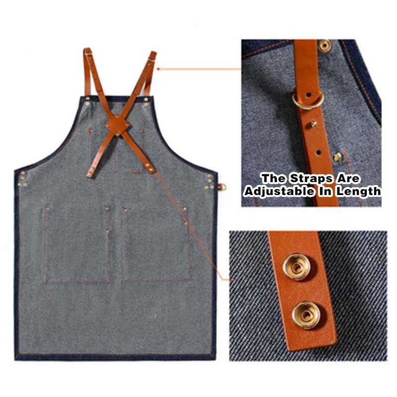 

Thickened Leather Denim Canvas Apron Customizable Logo for Restaurant Coffee Shop Beauty Work Belt Accessories
