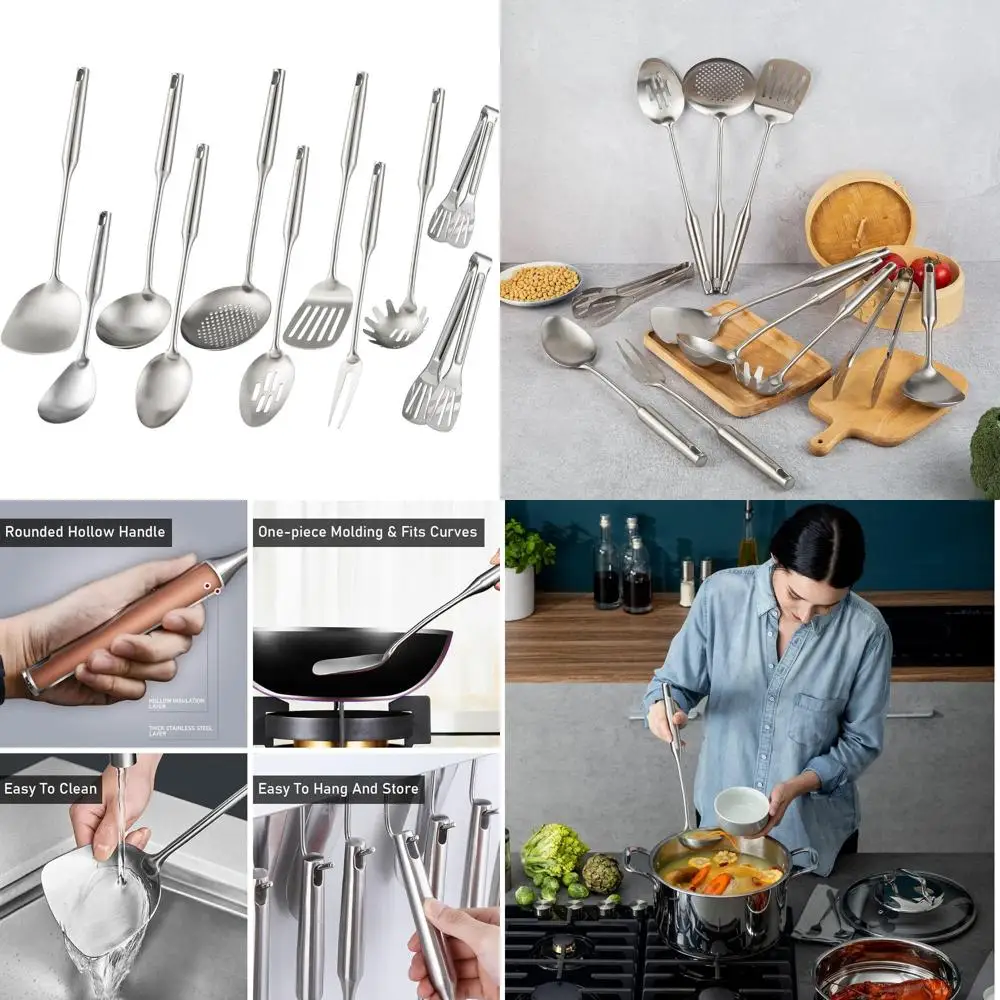 

15-Piece All-Metal Kitchen Utensil Set: 11 Cooking Tools Including Tongs, Fork, Spoons, Spatulas, Ladle, Skimmer, and Spaghetti