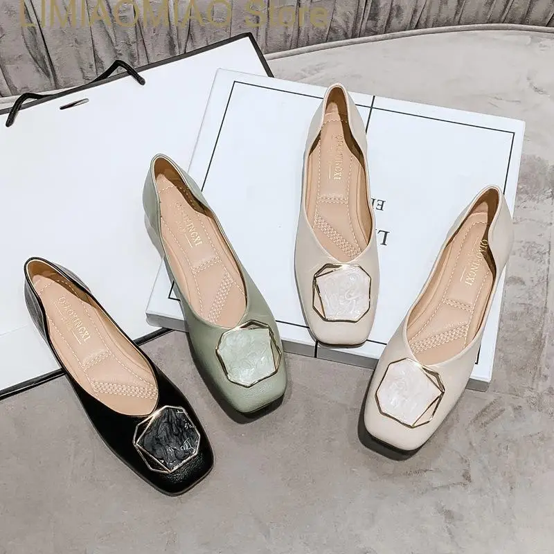 

New Flats Summer Shoes Women Flat Ballet Square Toe Shallow Buckle Metal Shoes Slip on Female comfort