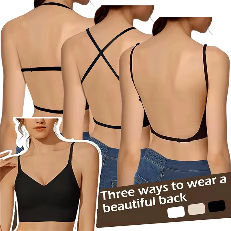 Women Ultra-Thin Invidible Push Up Bras Backless Sexy U Shaped Back Brassiere Halter Convertible Seamless Bra Wireless Underwear