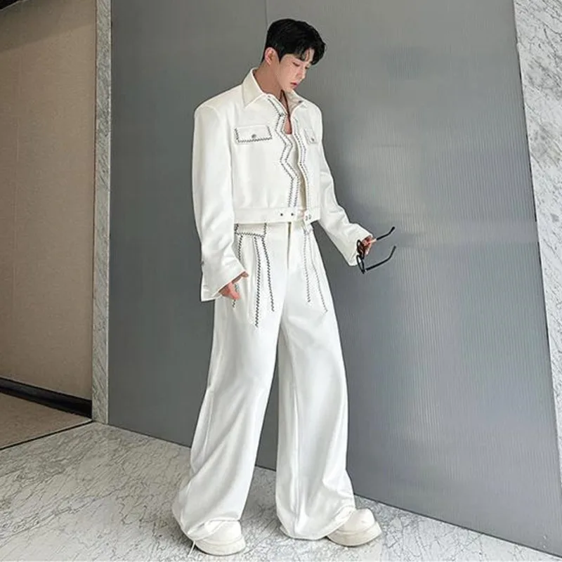 WVGA Spring Autumn New Men Tide Wave Stitching Embroidery Trendy Short Jacket Niche Casual Wide-Leg Pants Two Pieces Sets W16983