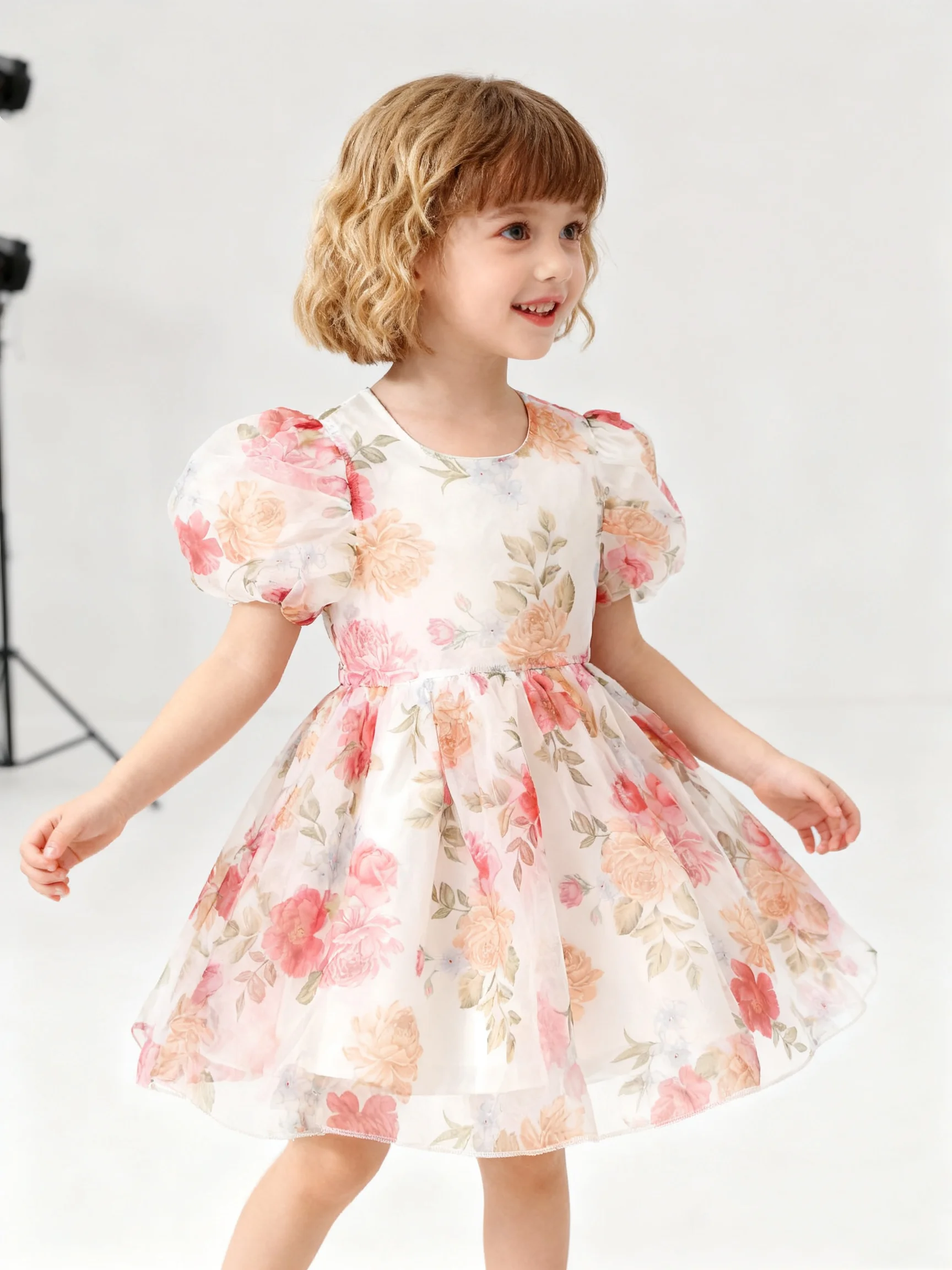 Girl's Summer Princess Dress With Ruffled Bubble Sleeves And Flower Print In Organza For Kids