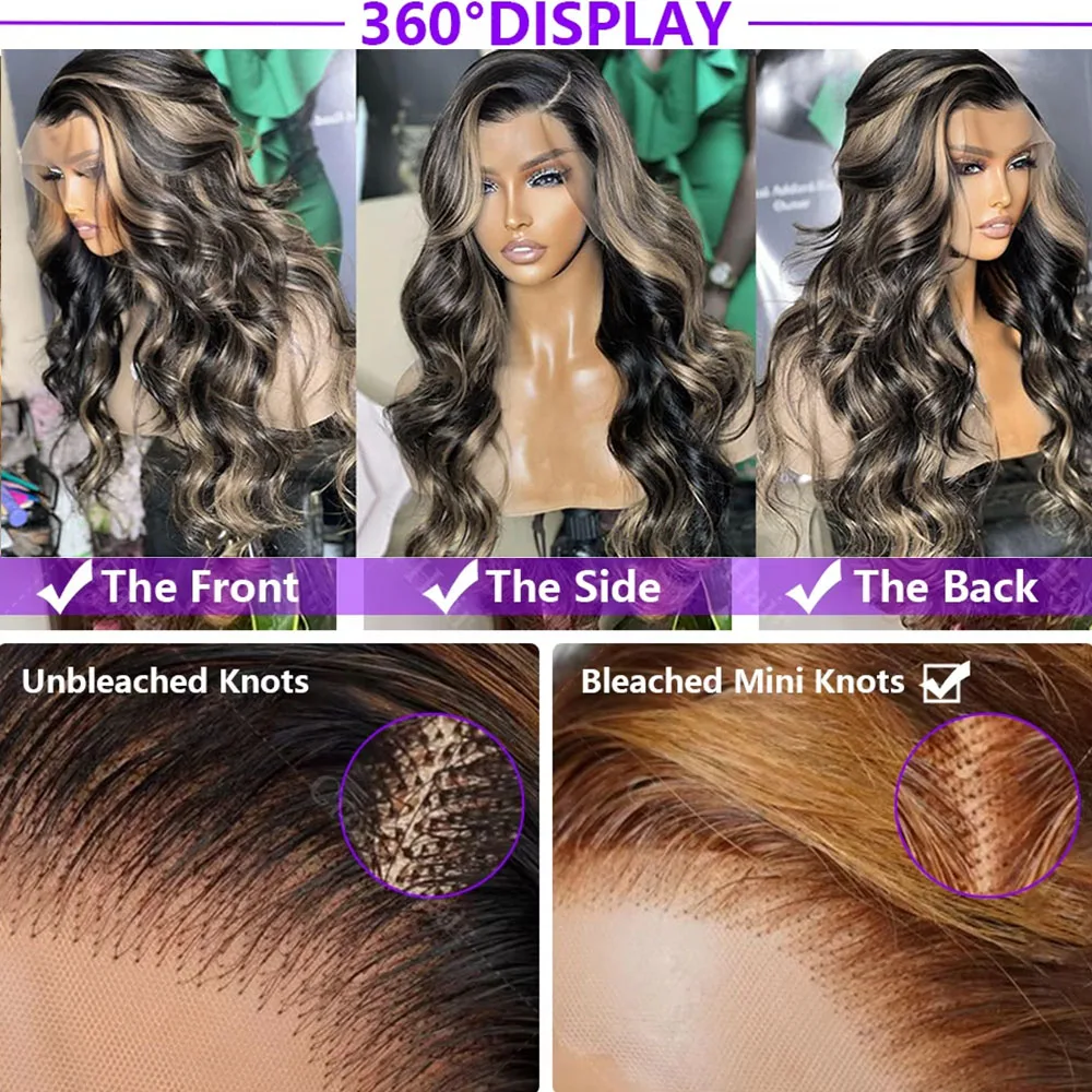 1B/27 Balayage Highlight Body Wave Wig Human Hair 30 Inch 13x4 HD Lace Frontal Wig Ombre Blonde Highlight Brazilian Hair  Wigs image 3