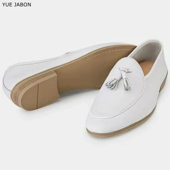 Men's Full Grain Genuine Leather Tassel Slip-on Loafers British Business Wedding Height Increasing White Casual Dress Shoes - view 6