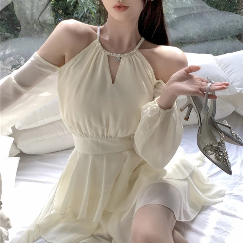 Summer Beige Hanging Neck Dress for Women Fairy Style Ruffle Chiffon Strapless High Waisted Holiday Beach Party Sexy Mini Dress