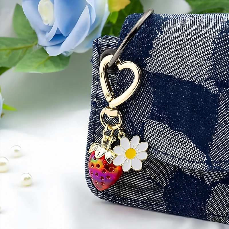 Cute Strawberry Keychain Kawaii Flower Charm for Women Girls Aesthetic Car Keyring Handbag Purse Accessory Gift