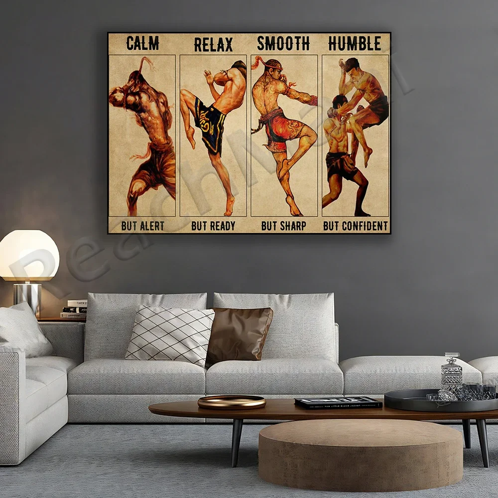 

Four Moves Muay Thai Poster Printed Canvas Wall Art Vintage Cuadros Boxing Sport Art Picture Fit Men Cave Gym Home Decor