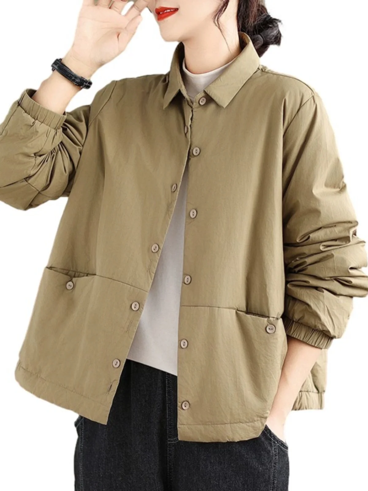 Thiened Cotton irt Sle レディース Jaet 暖かいレトロシングルボタンコットン衣類アウターウェアピュアカラー通勤 Sle