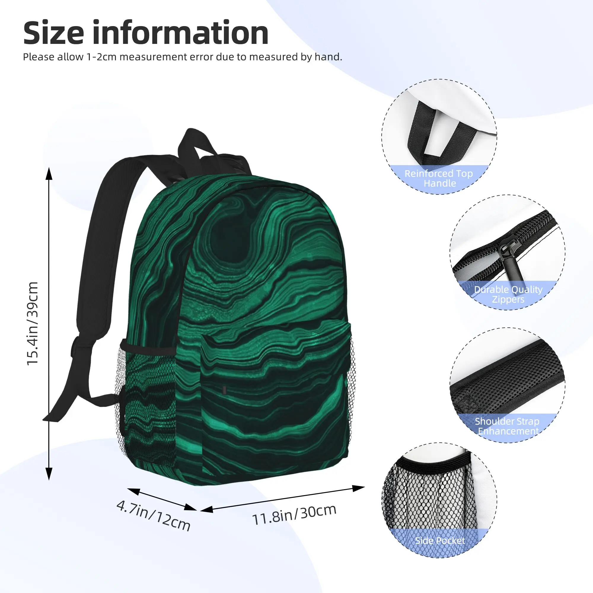 Faux Malachite Green Marble with light Veins Backpack Hot Sale Daypack Boys Girls BookBag Shoulder Bags for Men Women School Bag