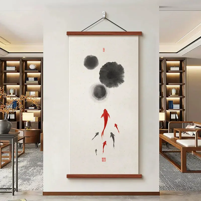 Zen Ink Wash Abstract Tai Chi Double Fish Wood Hanging Scroll PaintingFeng Shui Wall Posters for Living Room Study Hotel Decor