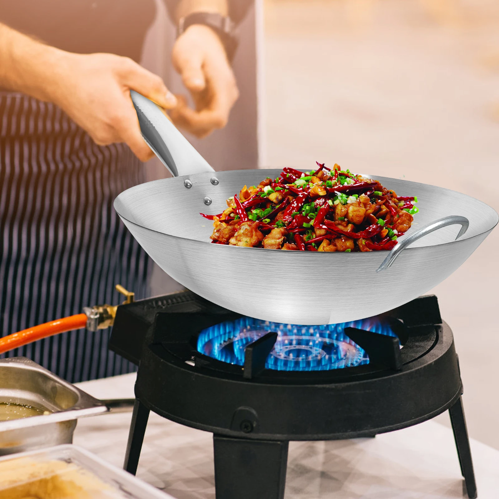 

Cooking Pot No Coating Wok Stainless Steel Frying Pan Non Stick Flat Silver with Lid