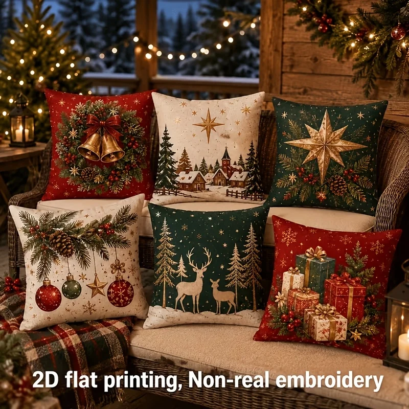 2D Flat Printing 1pc Christmas Vintage Cushion Covers Suitable for Sofa Bed Zipper Closure Decorative Throw Pillowcases with