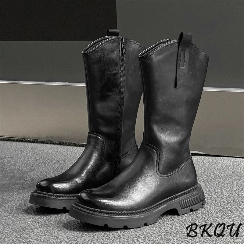 

BKQU High Boots Men Increase Soft Soled Western Cowboy Knight Boots 2024 Autumn New British Style Handsome Everything