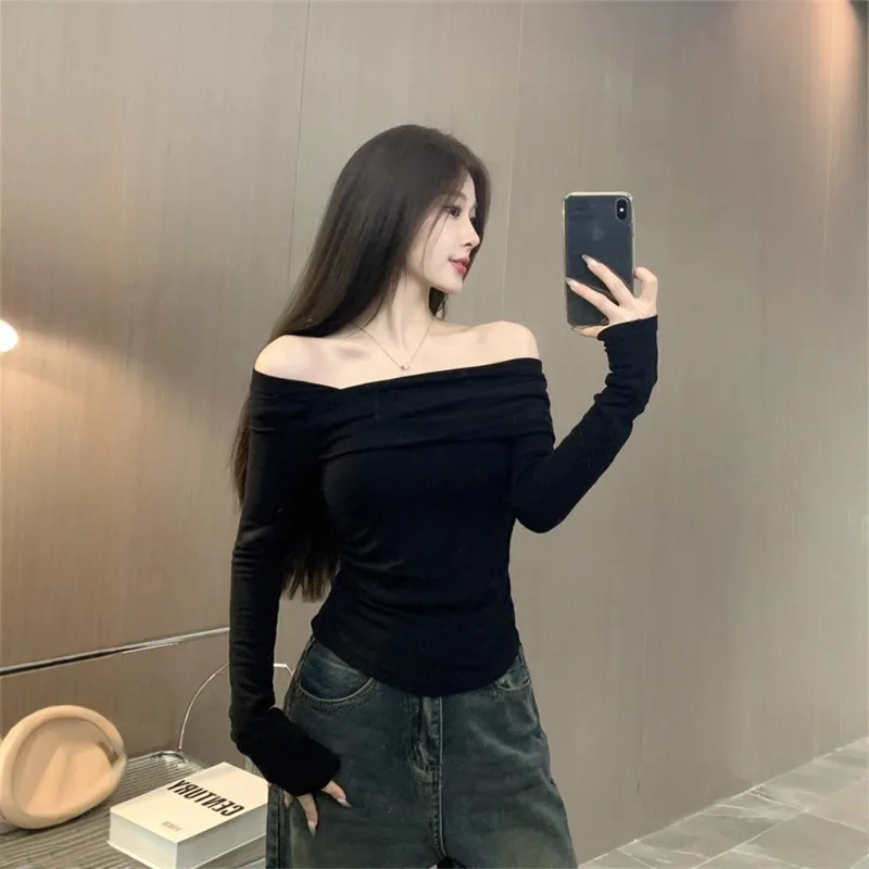 Women Spring Autumn Off-Shoulder Slim T-Shirt Student Style Asymmetric Long Sleeve Basic Top Adult Women's Casual Layering Shirt