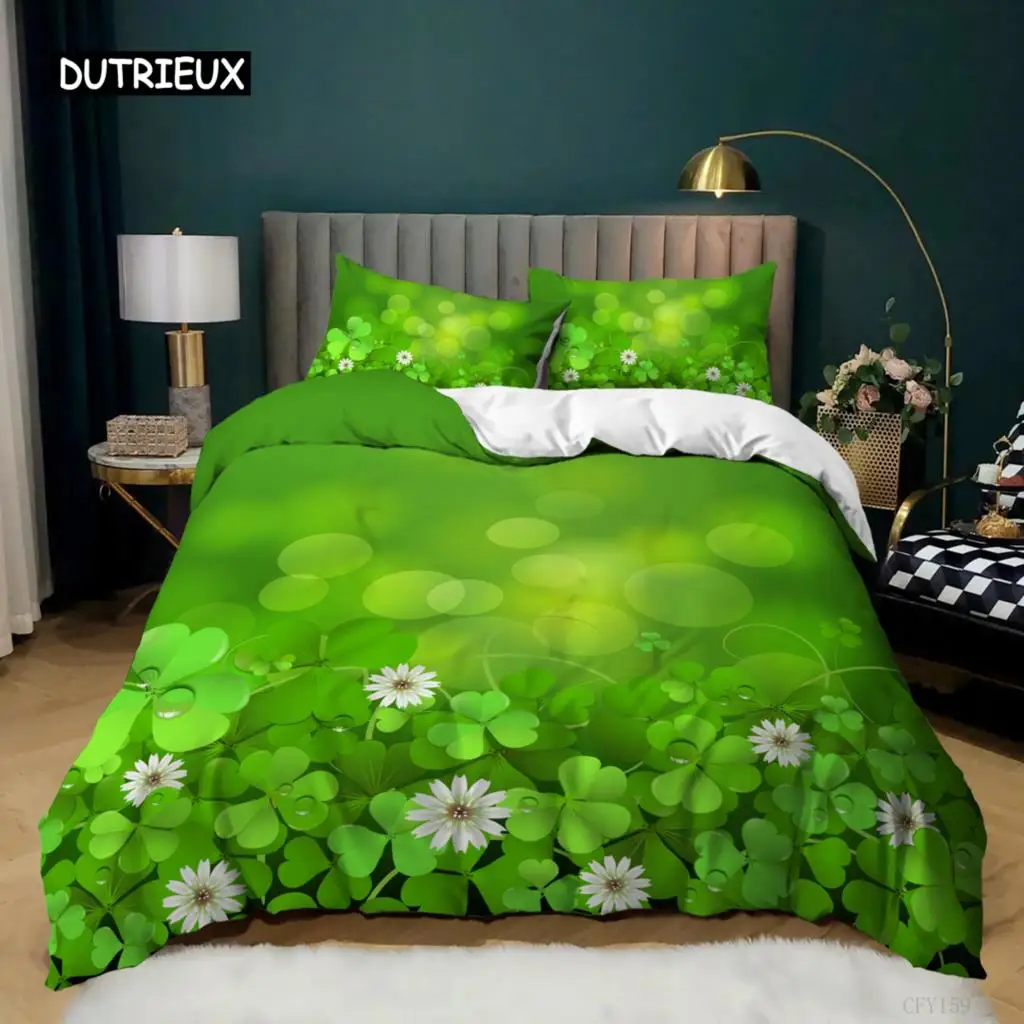 

Duvet Cover Set 4 Leaf Shamrock Clover Flowers National Culture 2/3pcs Bedding Set Irish Style Queen King Microfiber Quilt Cover