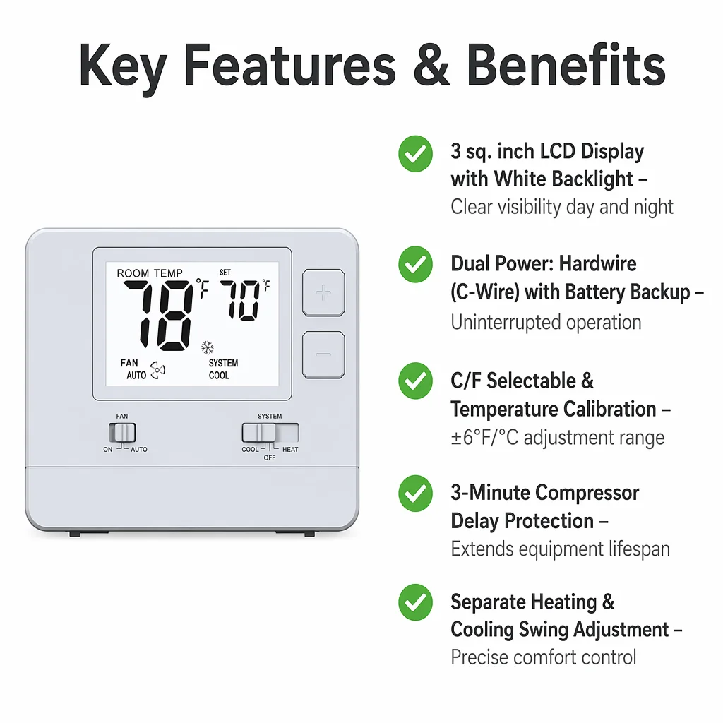 24V Non Programmable Smart Digital HVAC Thermostat 1H1C LCD Room Temperature Controller for AC Heating Cooling System