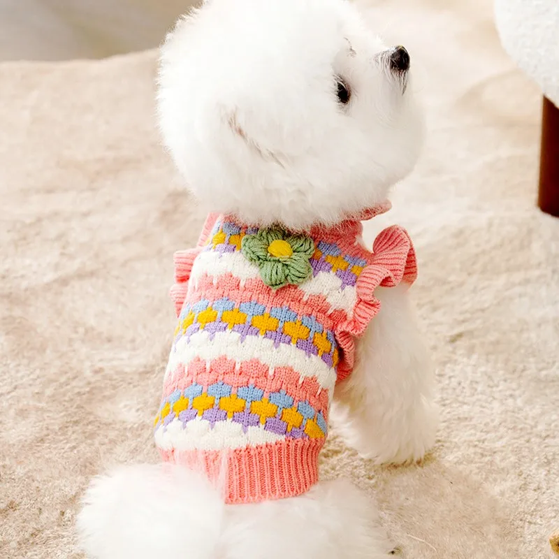 Winter Dog Sweater Flower Print Dog Pullovers Fashion Puppy Clothes Cute Soft Cat Knitted Sweater Warm Pet Costumes Dog Clothes