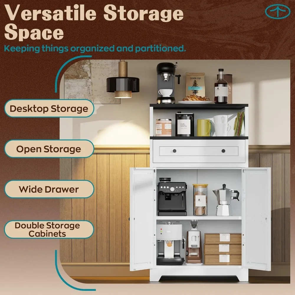 Large Capacity Farmhouse Style White Metal Storage Cabinet with Magnetic Doors, Adjustable Shelves, Kitchen Sideboard