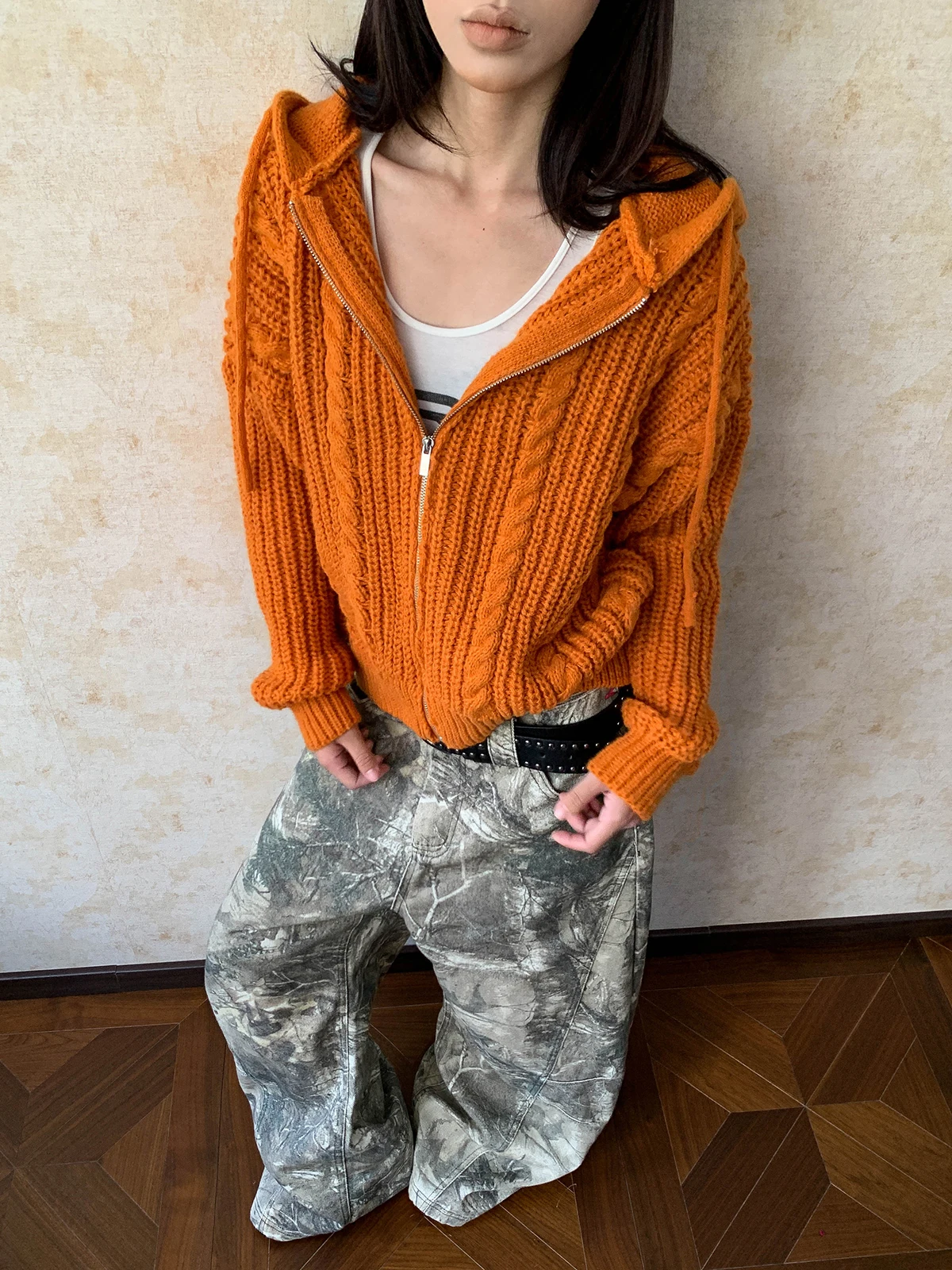 

Американский ретро-свитер с капюшоном оранжевого цвета, вязаный, универсальный, для пар, модная верхняя одежда, трендовое пальто с длинными рукавами