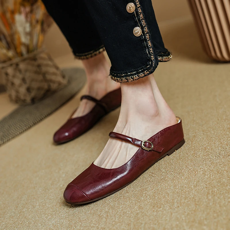 

Simple Shoes Woman Women Mules Sheepskin Concise Comfortable Casual Flats Spring Summer Elegant Ladies Round Toe Mules Size 40