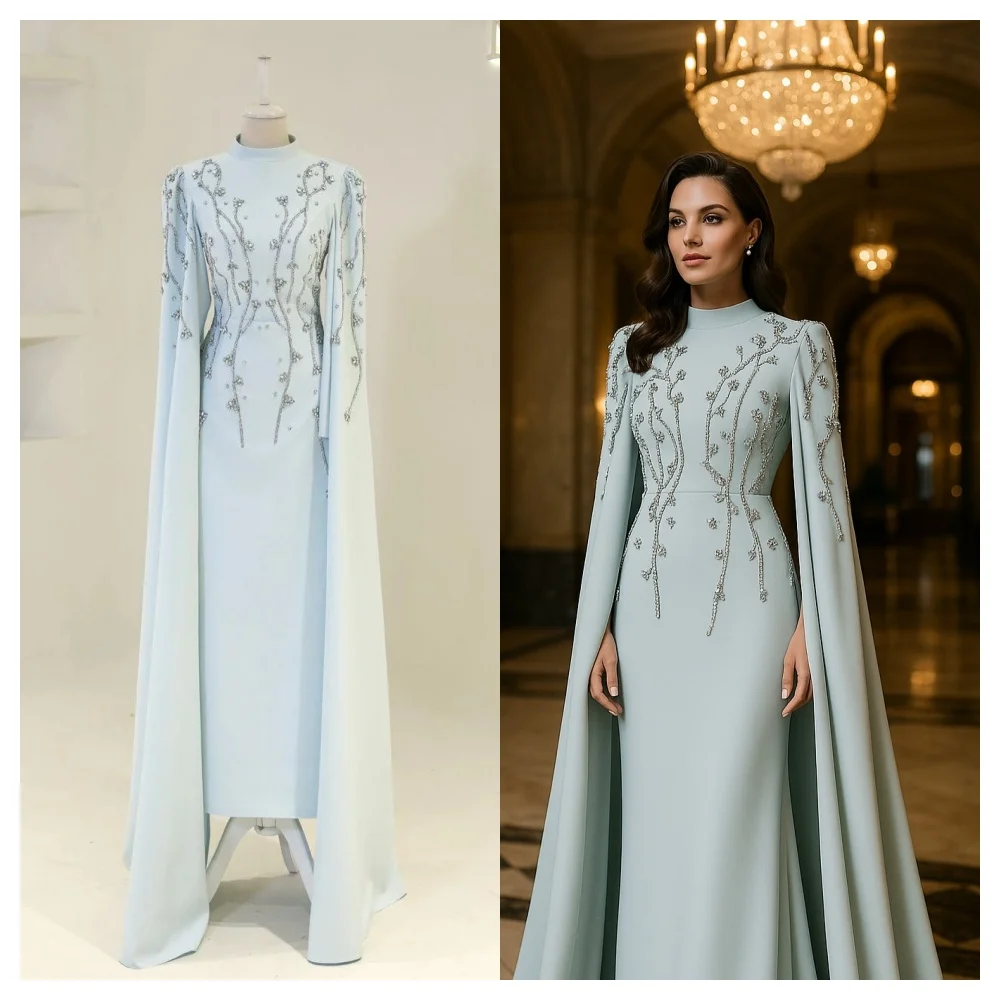 تخصيص رائعة الأزرق جيرسي مساء اللباس أزياء طاقم الرقبة طويلة الأكمام حزب اللباس جودة عالية مستقيم فساتين المشاهير