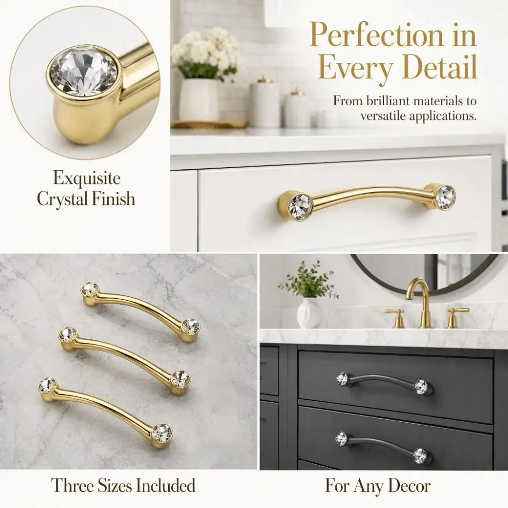 Zinc Alloy Cabinet Handles Gold Finish Crystal Accent Drawer Pulls Screws Included Light Luxury Style Wardrobe Handles