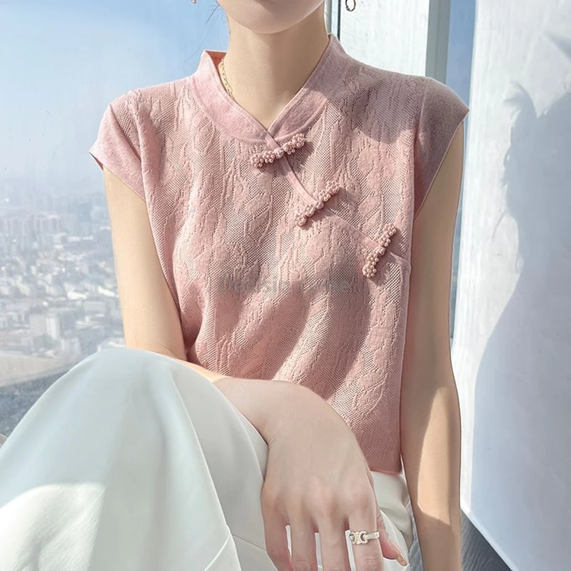 

Летняя ажурная вязаная женская блузка в китайском стиле, тонкий вязаный топ без рукавов с воротником-стойкой и застежкой, топ-ципао