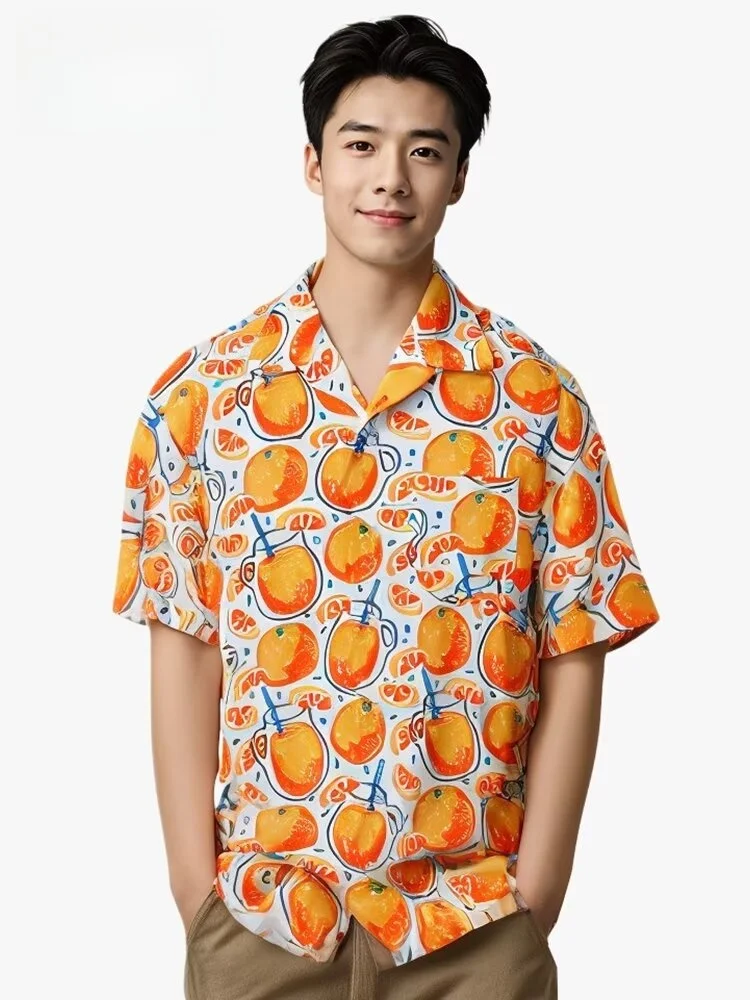 

Casual Hawaiian Short Sleeve Floral Shirt Dopaamine Orange Fruit Trendy Retro Couple Shirt Summer Loose Fit Youth Regular Length