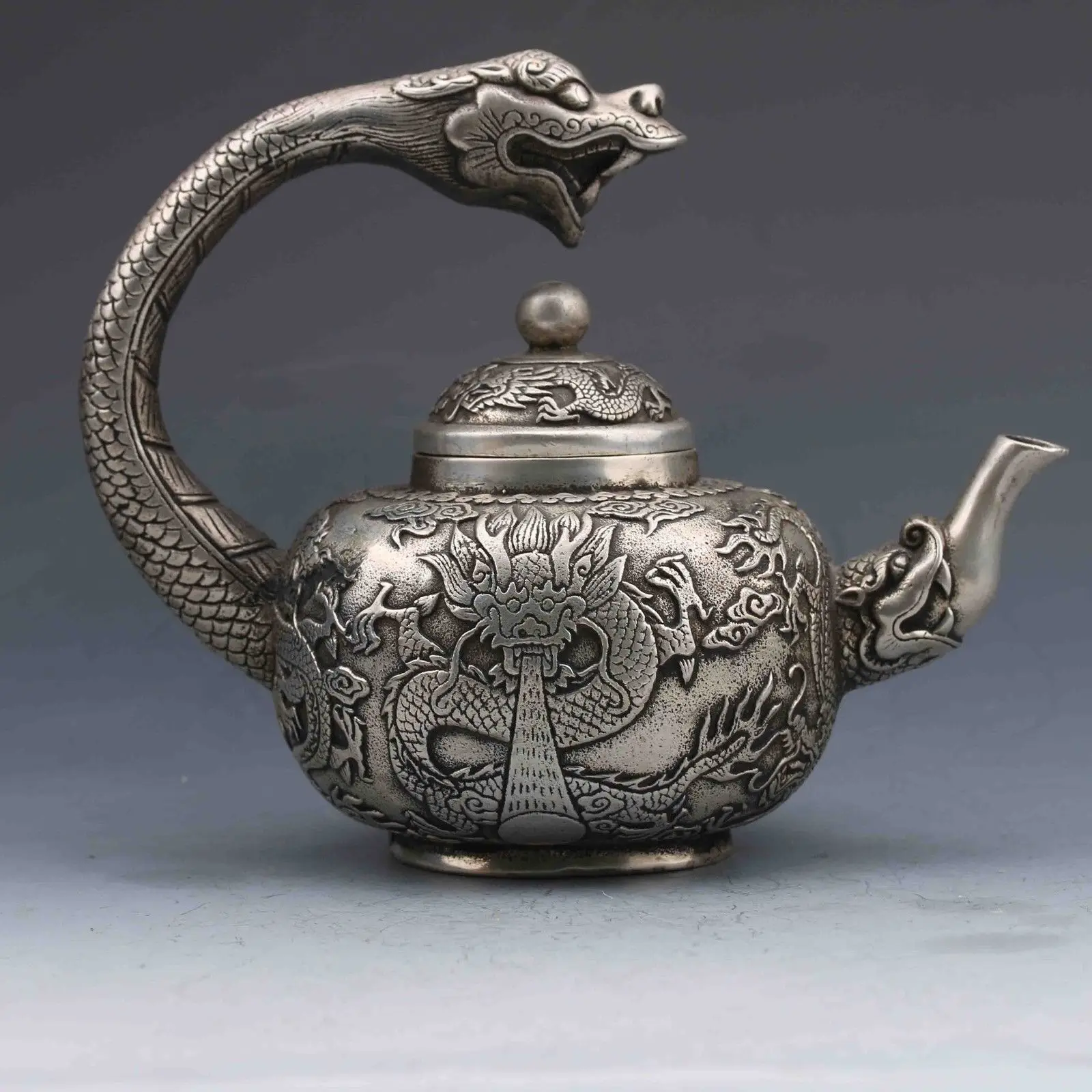 Rare Old Collection Chinese Tibetan silver hand-carved dragon teapot