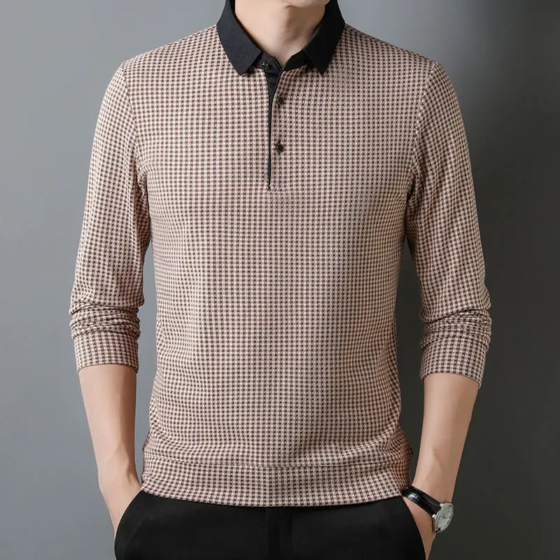 Middle-aged and Young Men's Long-sleeved T-shirt Dad's Business Casual Free-iron Loose Lapel Plaid POLO Shirt