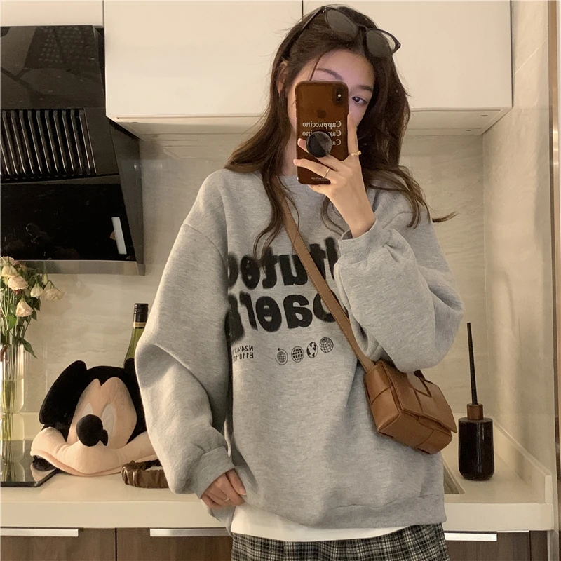 

Женская толстовка свободного кроя с круглым вырезом и флисовой подкладкой, в корейском стиле, с принтом, в стиле Dongdaemun, для повседневной носки, уличная мода