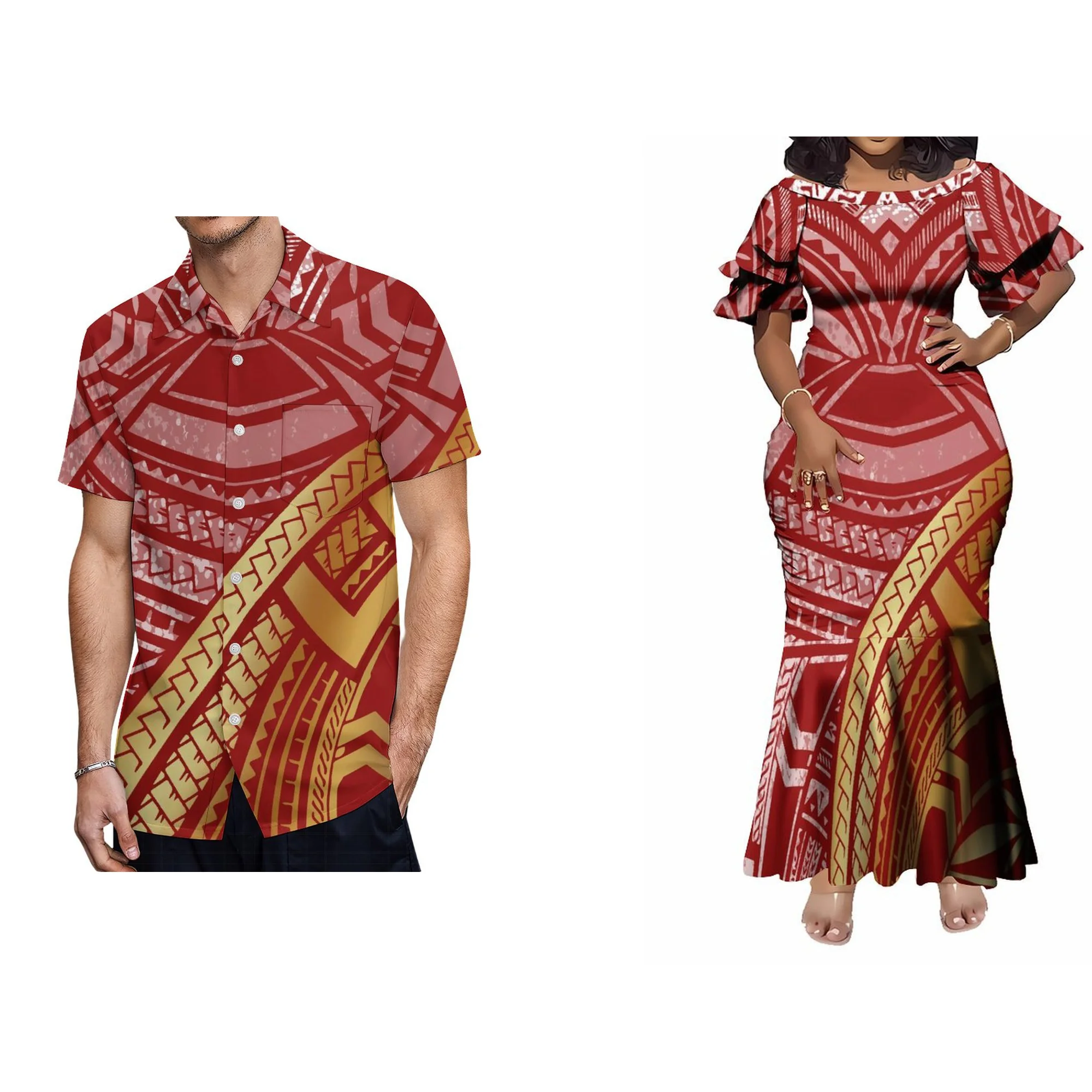 

Polynesian Couple Suit Custom Art Print Men'S Shirt Samoa 2024 New Summer Slim Dress Round Neck Mermaid dress