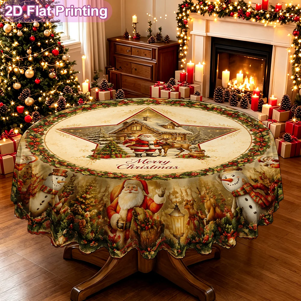 Holiday Merry Christmas Santa Snowman Star House Decoration Pattern Printed Tablecloth for Thanksgiving Table Setting