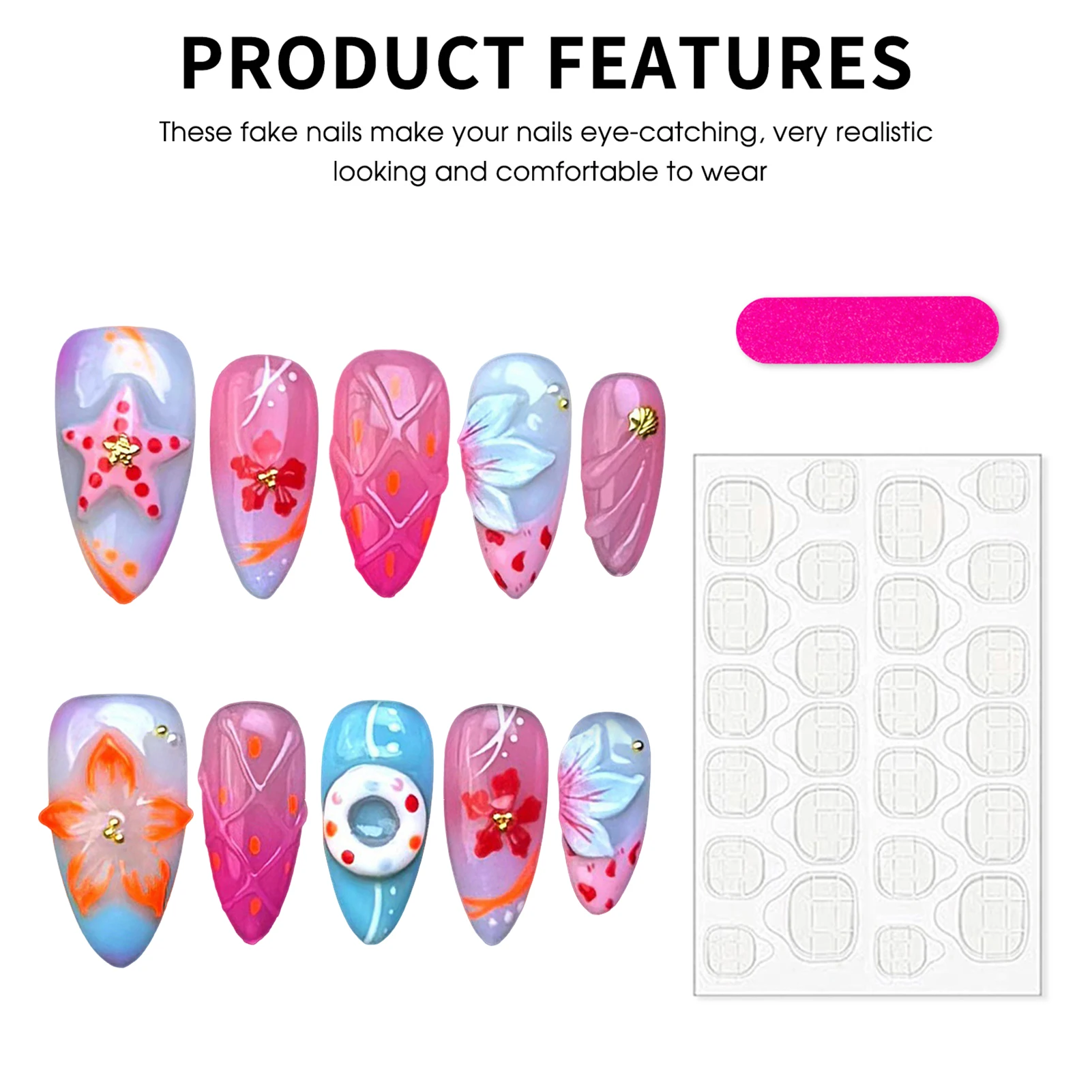 

Hand-made Embossed Nail Art Dopamine Inspired Hand Painted Press On Nails For Women
