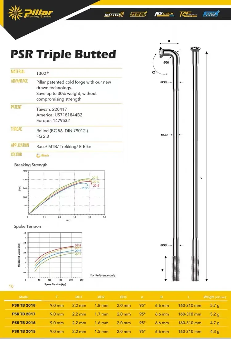 Pilastro leggero PSR TB2015 Raggi per bicicletta a triplo butto J-Bend Pull dritto 14G Gauge 2.0 MTB Bici da strada Ray Acciaio inossidabile Nero