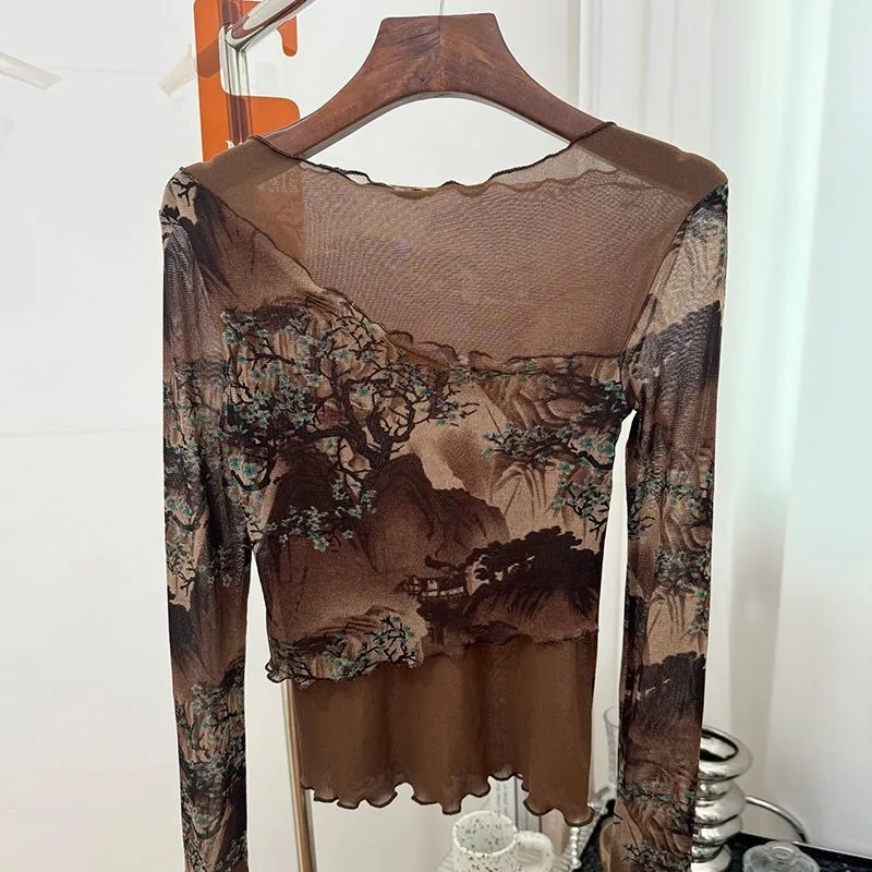 Retro Printed One-line Collar Mesh Bottoming Shirt for Women Slim-fit Fungus Hem Patchwork Top
